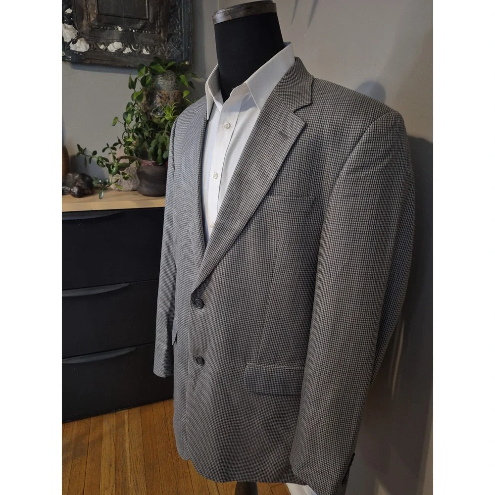 Jos A Bank Mens 42L Silk Wool Tailored Sport Coat Gray Blue Check Blazer